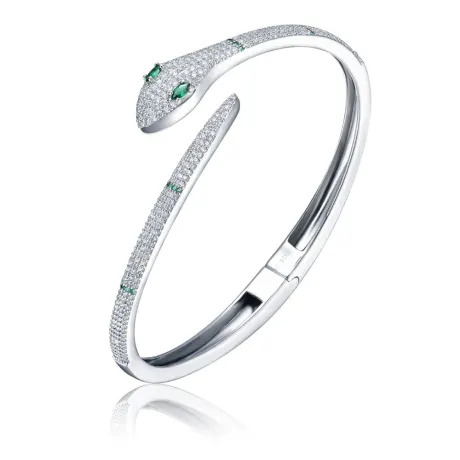 Rachel Glauber White Gold Plated with Emerald & Cubic Zirconia Snake Bypass Coil Wrap Bangle Bracelet
