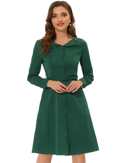Allegra K- robe chemise ceinturée col plat manches longues robe Vintage rétro