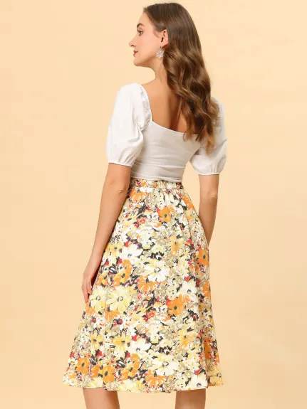 Allegra K- Boho Split A-Line Floral Midi Skirt