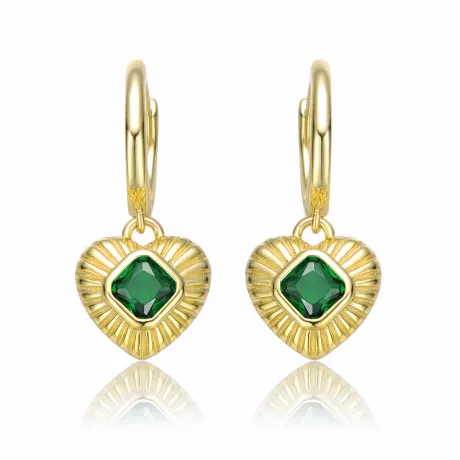 Genevive Sterling Silver 14k Yellow Gold Plated with Emerald Cubic Zirconia Dangle Heart Huggie Hoop Earrings