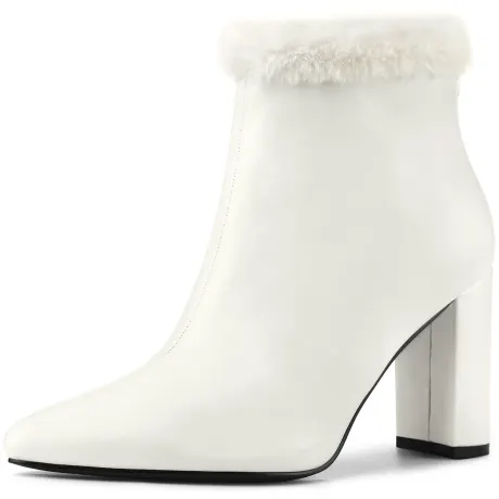 Allegra K - Faux Fur Decor Pointed Toe Heeled Ankle Boots