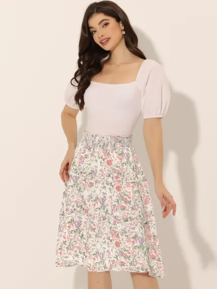 Allegra K- Smocked Waist Ruffle Tiered Floral Skirt