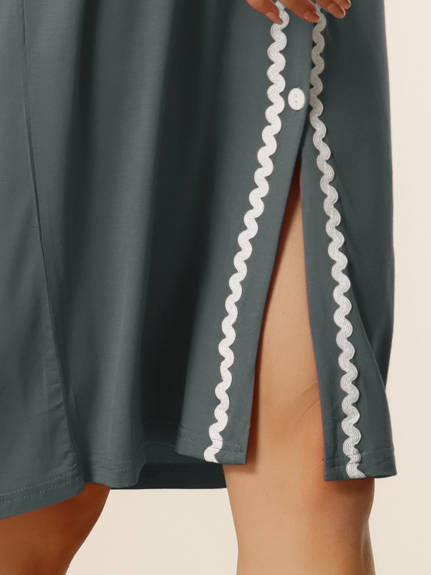 cheibear - Button Down Long Sleeve Dress Nightshirt