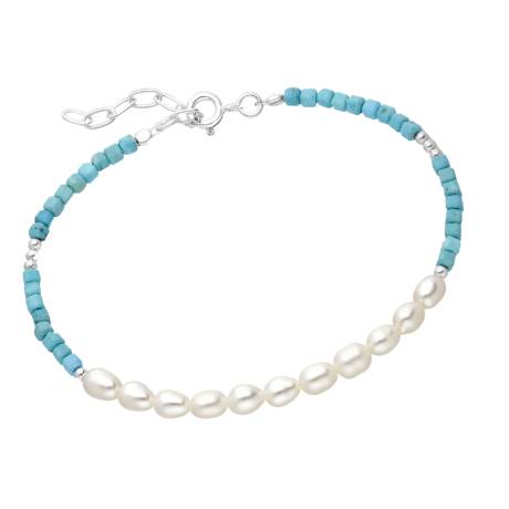 Sterling Silver Beaded Turquoise & Freshwater Pearl Bracelet by Ag Sterling
