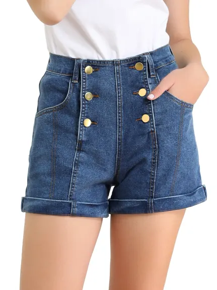 Allegra K- High Waist Button Front Mini Jeans Denim Shorts