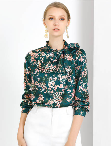 Allegra K- Floral Puffy Long Sleeve Side Bow Tie Neck Top