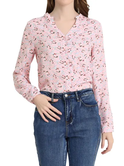 Allegra K- V Neck Long Sleeve Floral Shirt Blouse