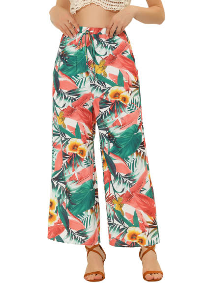 Allegra K- Pantalon de plage à jambe large et cordon de serrage à fleurs