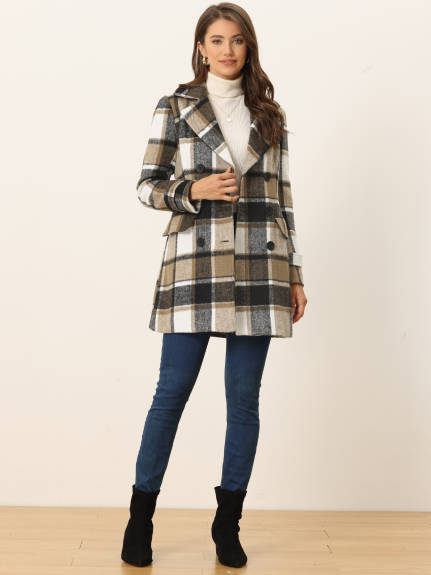 Allegra K- Notched Lapel Double Breasted Plaid Overcoat