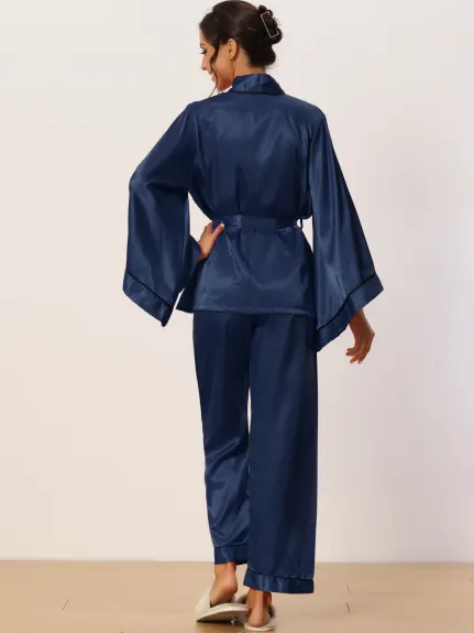 cheibear - Satin Kimono Robe Wedding Party Sleepwear Set