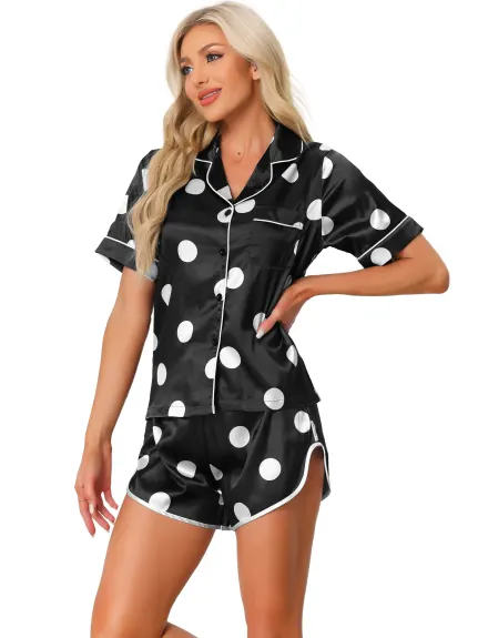 cheibear - Satin Polka Dots Cute Summer Pajamas Set
