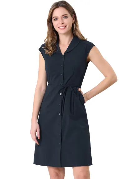Allegra K- Cap Sleeve Camp Collar Button Down Tie Waist Knee Length Dress