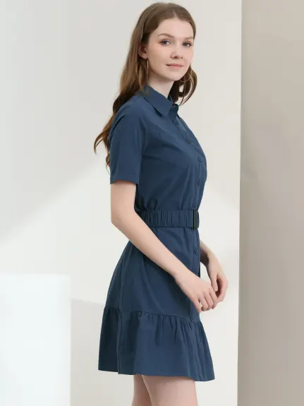 Allegra K- Ruffled Hem Belted Button Up Mini Dress