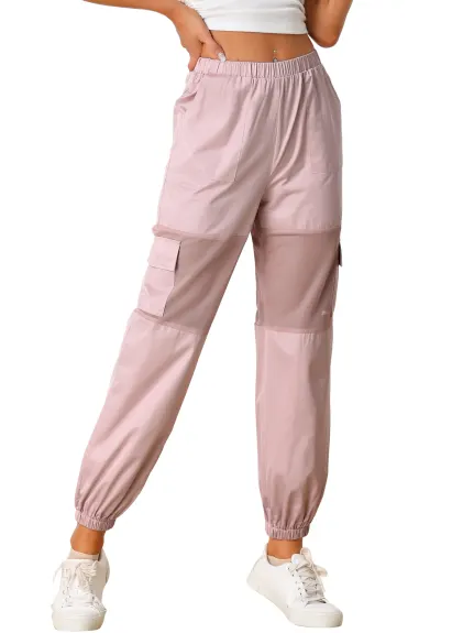 Allegra K- Mesh Panel Pant High Waist Sheer Elastic Baggy Cargo Pants