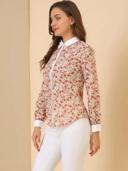 Allegra K- Floral Button up Contrast Color Shirt