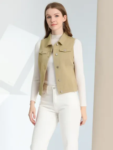 Allegra K- Washed Denim Buttoned Vest with Flap Pockets