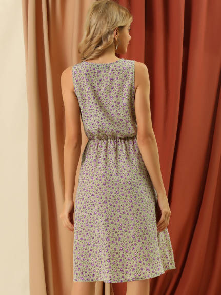 Allegra K- Women's Drawstring Printed Sleeveless A-Line Dress