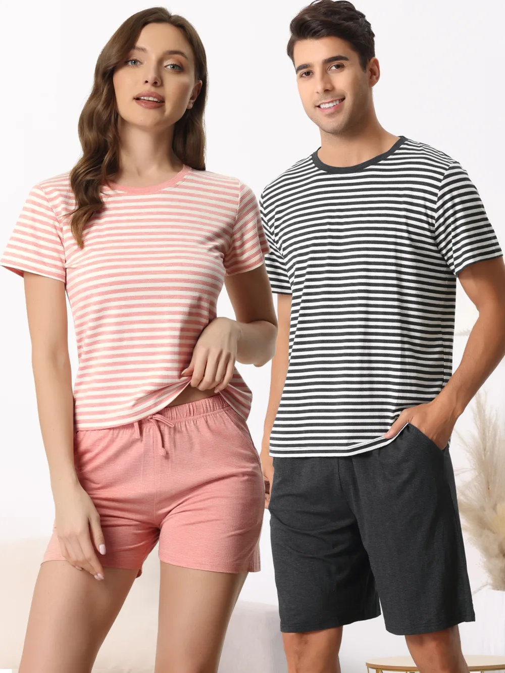 cheibear Short Sleeve Stripe Couple Pajama Set Reitmans