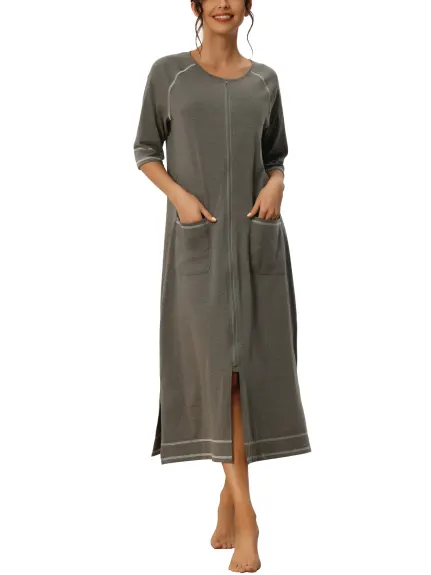 cheibear - Zipper Long Sleeve Midi Nightgown with Pockets