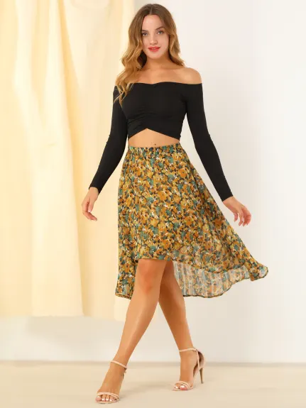 Allegra K- High Low Hem A-Line Midi Floral Skirt
