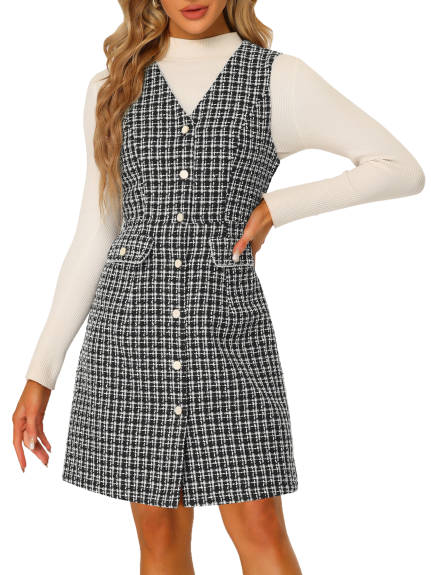 Allegra K- V Neck Button Down Vintage Sleeveless Plaid Tweed Dress