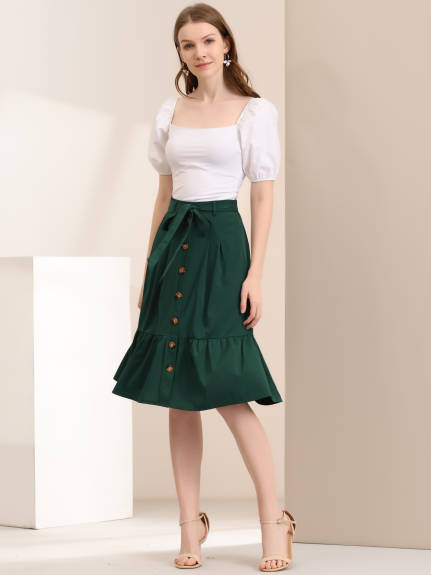 Allegra K- Women's Button Decor Tie Waist Ruffled Midi Skirt