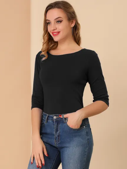 Allegra K- manches coudées col rond coupe Slim Tee