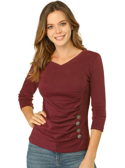 Allegra K- Women's V Neck Blouse 3/4 Sleeves Solid Knitted Buttons Decor Ruched Top