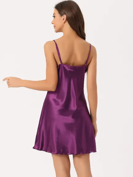 cheibear - Satin V-Neck Lace Trim Camisole Nightgown