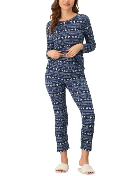 cheibear - Round Neck Stretchy Elk Pajamas Set