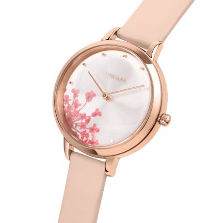 OUI & ME-Fleurette 34mm 3 Hand Yellow Gold Case Silver Dial Watch With Pink Flower Recycled Leather Strap