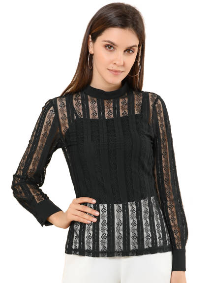 Allegra K - Sheer Lace Blouse Top Keyhole Stand Collar Shirt