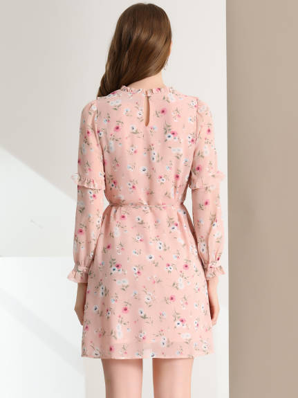 Allegra K- Floral Tie Waist Ruffle Sleeve Chiffon Dress