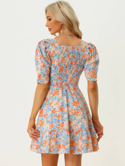 Allegra K- Mini-robe florale à manches courtes et col en V