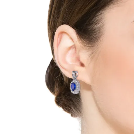 Boucles d'oreilles avec zircone cubique ovale bleu saphir plaqué or blanc avec poire transparente et zircones cubiques rondes