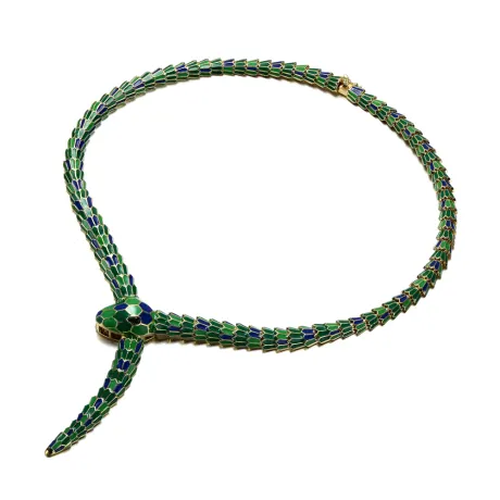 Rachel Glauber 14k Yellow Gold Plated with Emerald Cubic Zirconia Blue & Green Enamel Coiled Serpent Snake Stiff Collar Necklace