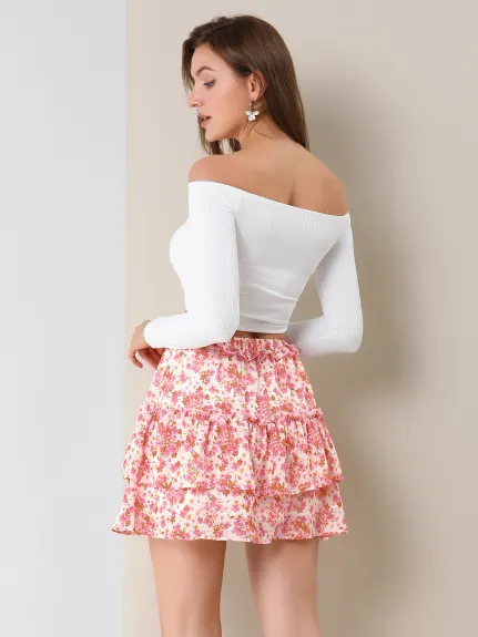 Allegra K- Mini-jupe florale à volants superposés et taille élastique