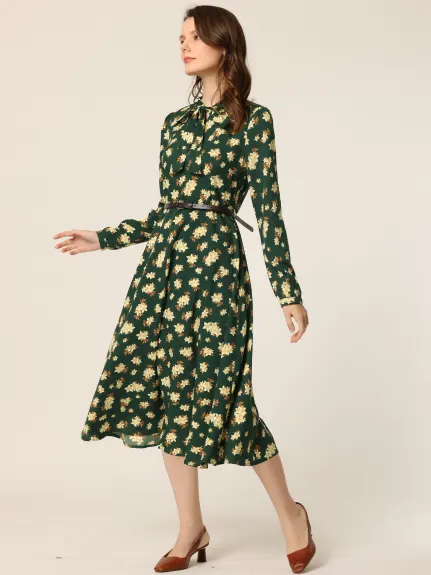 Allegra K- Floral Belted Bow Tie Neck Long Sleeve Midi Dress