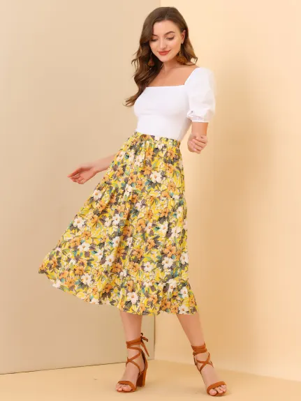 Allegra K- Floral Sunflower Tiered Chiffon A-Line Skirt