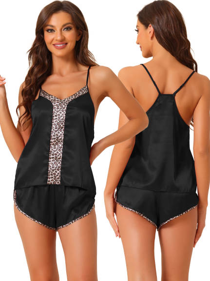 cheibear - Satin Leopard Cami Tops with Shorts Lounge Set
