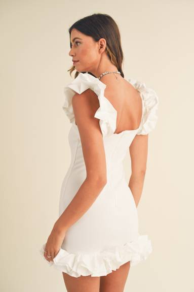 Evercado - White Ruffle Detail Mini Bodycon Dress