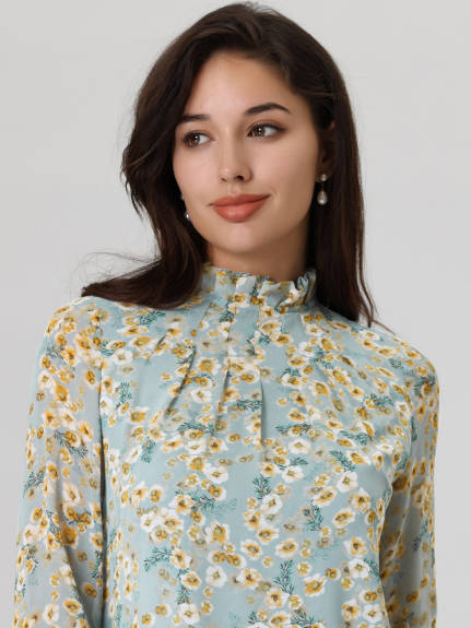 Hobemty- Floral Pleated Ruffled Stand Collar Blouse