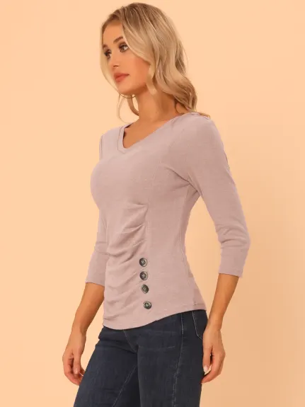 Allegra K- V Neck Blouse 3/4 Sleeves Solid Knitted Buttons Decor Ruched Top