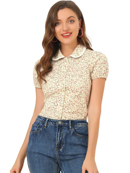 Allegra K - Peter Pan Button Down Casual Floral Top