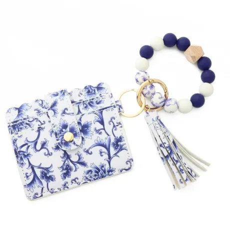 Blue Floral Card Holder & Beaded Stretch Bracelet Key Chain - Don't AsK
