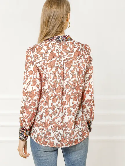 Allegra K- Bow Tie Long Sleeve Contrast Color Floral Blouse
