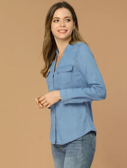Allegra K- Stand Collar Chest Pocket Button Denim Shirt