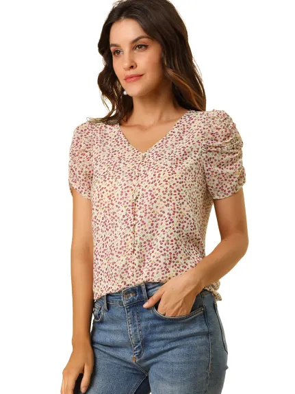 Allegra K- Puff Short Sleeve Chiffon Floral Blouse Shirt
