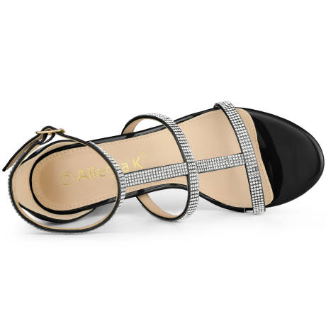 Allegra K- Rhinestone Ankle Strap Stiletto High Heel Black Sandals