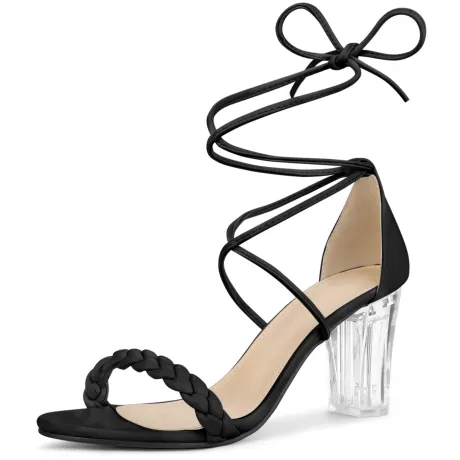 Allegra K - Woven Braided Lace Up Clear Block Heel Sandals